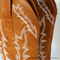 BYRON-1 STACKED HEEL EMBROIDERY WESTERN BOOTS - TAN