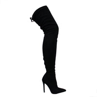 GISELE-50 THIGH-HIGH POINTY TOE BOOT WITH TIE - BLACK