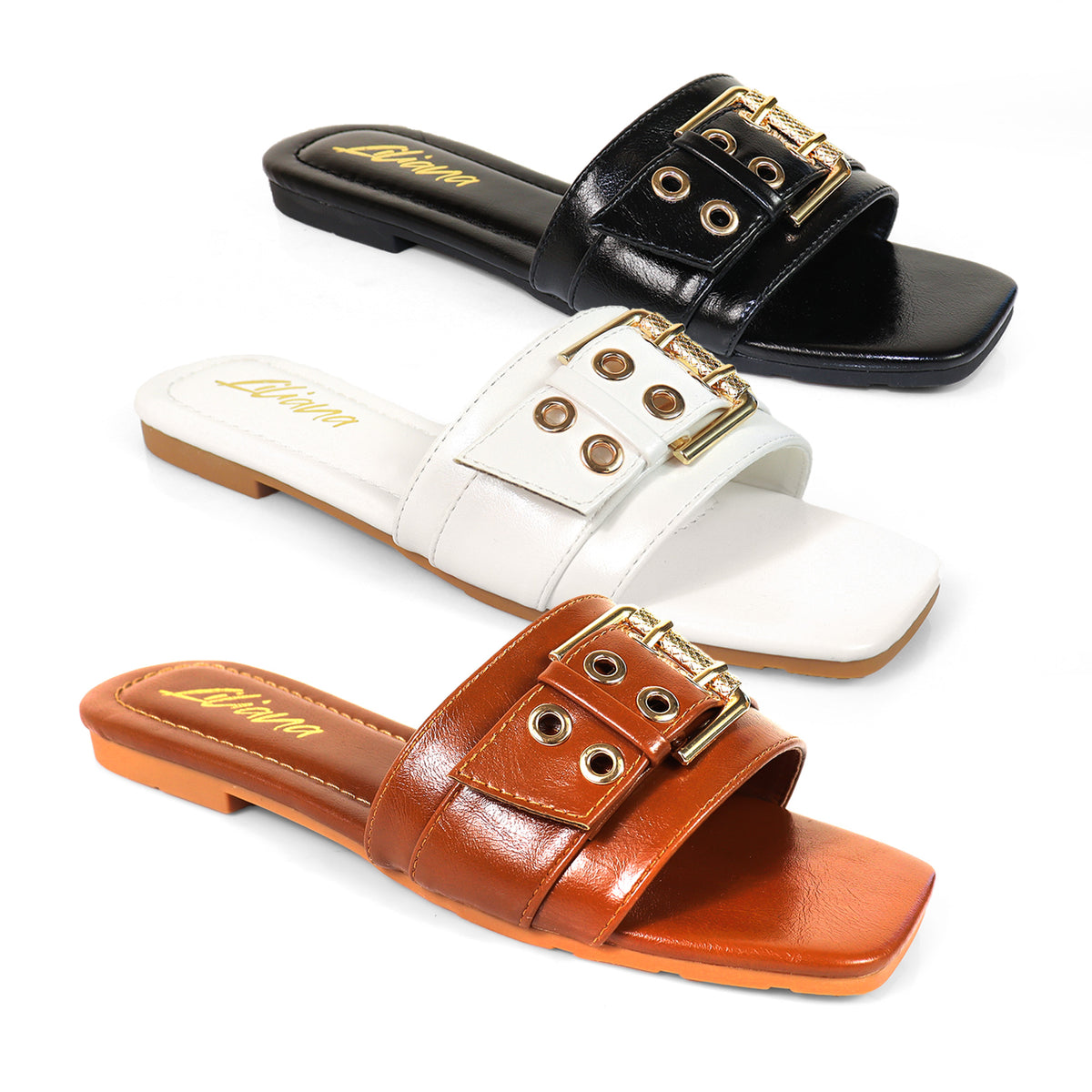 KYRA-2 BELT EYELET BUCKLED STRAP SLIDE ON SANDALS