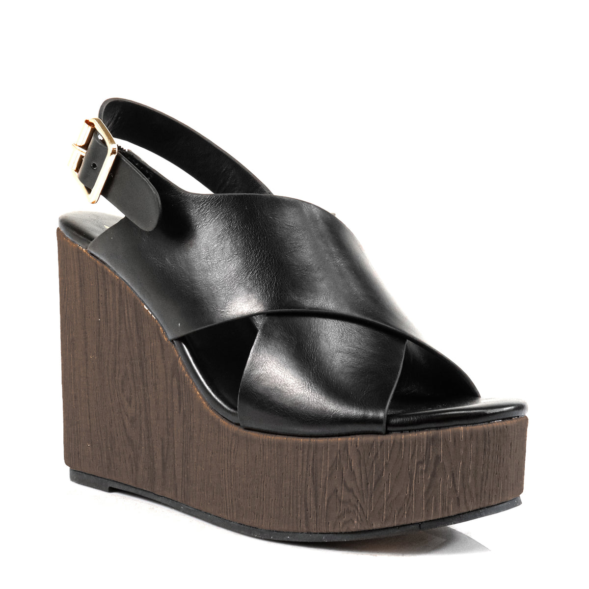 LELISA-16 CROSS BUCKLE ANKLE STRAP SANDAL W/ ESPADRILLE WEDGE