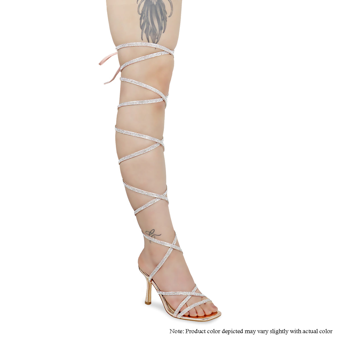 MASSIMA-2 ALL RHINESTONE STRAPS THIGH HIGH TIE-UP HEEL - ROSEGOLD
