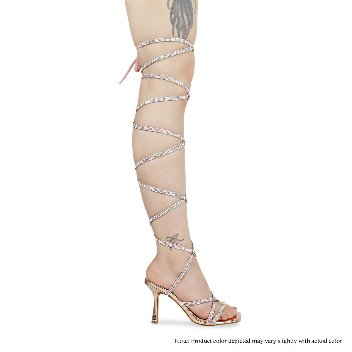 MASSIMA-2 ALL RHINESTONE STRAPS THIGH HIGH TIE-UP HEEL - ROSEGOLD