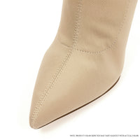 RESHA-2 NEOPRENE STRETCHY POINTED TOE BOOTIE WITH CLEAR HEEL
