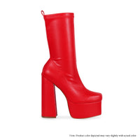 SIMONE-5 POLYURETHANE CHUNKY PLATFORM STRETCH BOOTIES - RED