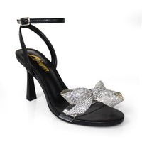 SOLSTICE-1  OPEN TOE RHINESTONE BOW ANKLE STRAP W/ HEEL