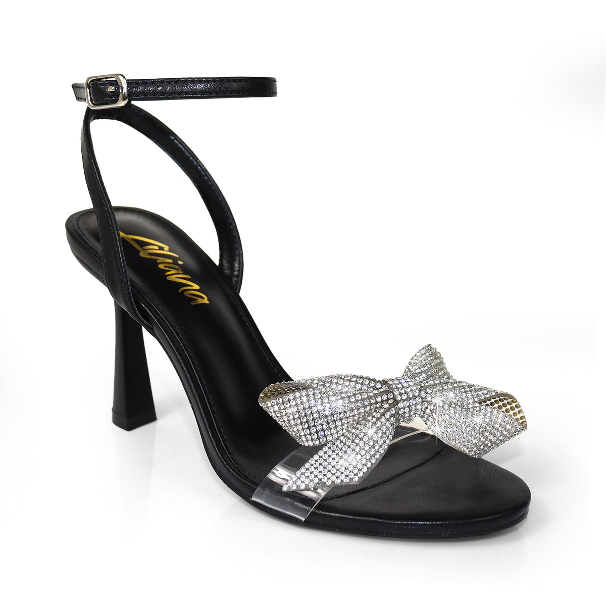 SOLSTICE-1  OPEN TOE RHINESTONE BOW ANKLE STRAP W/ HEEL