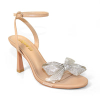 SOLSTICE-1  OPEN TOE RHINESTONE BOW ANKLE STRAP W/ HEEL