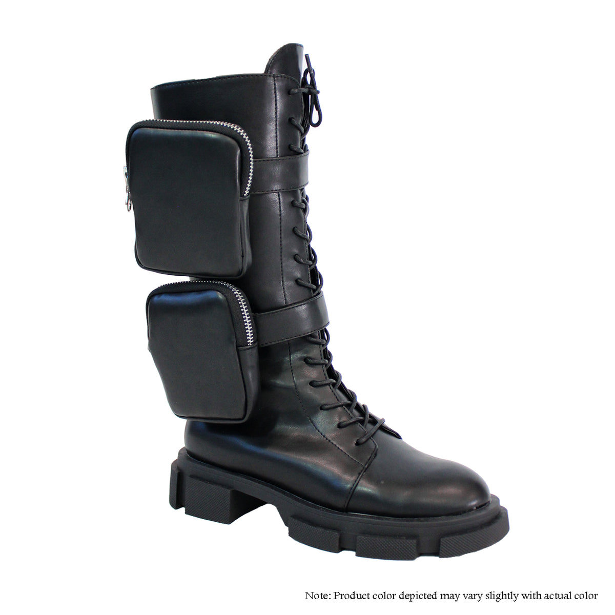XANSO-1 SIDE POUCHES LACE UP CALF HIGH BIKER BOOTS