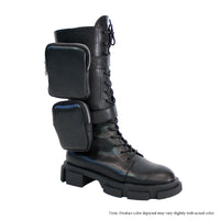 XANSO-1 SIDE POUCHES LACE UP CALF HIGH BIKER BOOTS