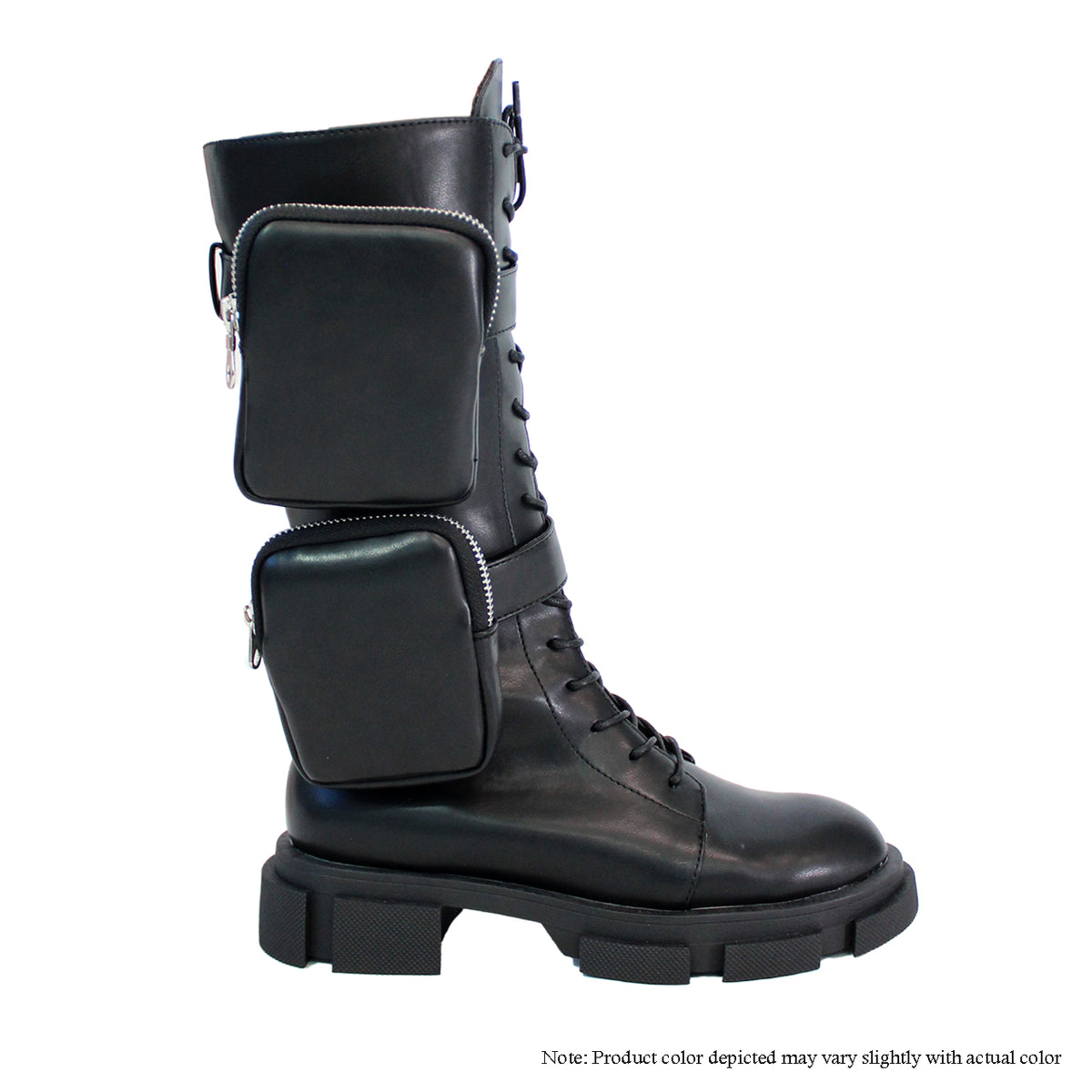 XANSO-1 SIDE POUCHES LACE UP CALF HIGH BIKER BOOTS