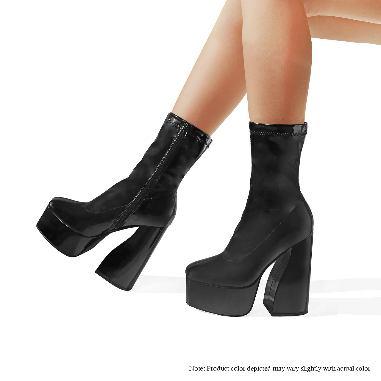 ALPINE 2 CHUNKY STRETCHY DESIGNER HEEL BOOTIES BLACK PATENT