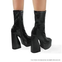 ALPINE-2 CHUNKY STRETCHY DESIGNER HEEL BOOTIES - BLACK PATENT