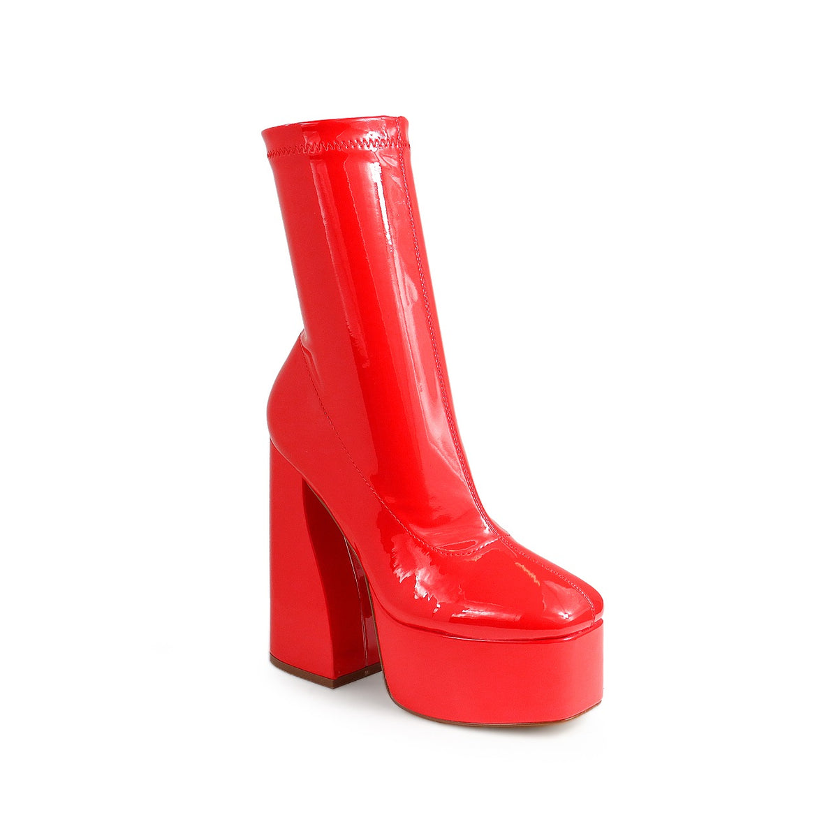 ALPINE-2 CHUNKY STRETCHY DESIGNER HEEL BOOTIES - RED PATENT