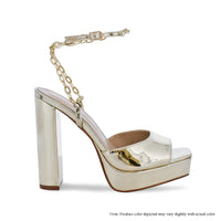 BALVIN-1 PEEP TOE CHUNKY PLATFORM HEEL WITH ANKLE CHAIN - GOLD