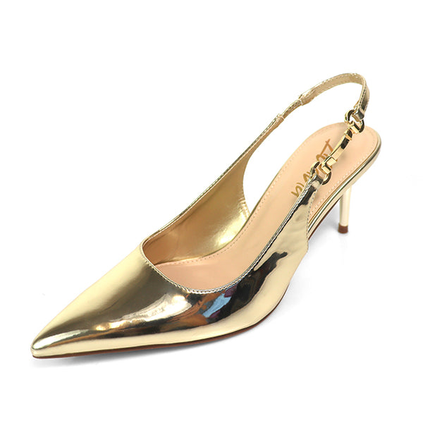 BARBARA-1 POINTED TOE HORSEBIT SLINGBACK PUMP W/ KITTEN HEEL