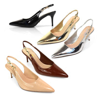 BARBARA-1 POINTED TOE HORSEBIT SLINGBACK PUMP W/ KITTEN HEEL