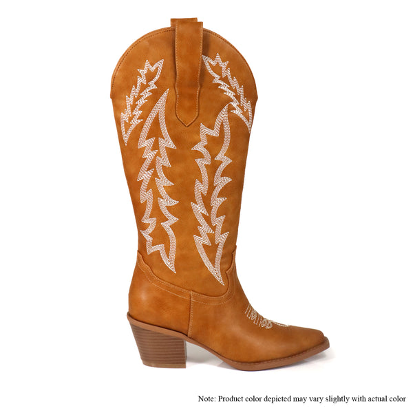 BYRON-1 STACKED HEEL EMBROIDERY WESTERN BOOTS - TAN