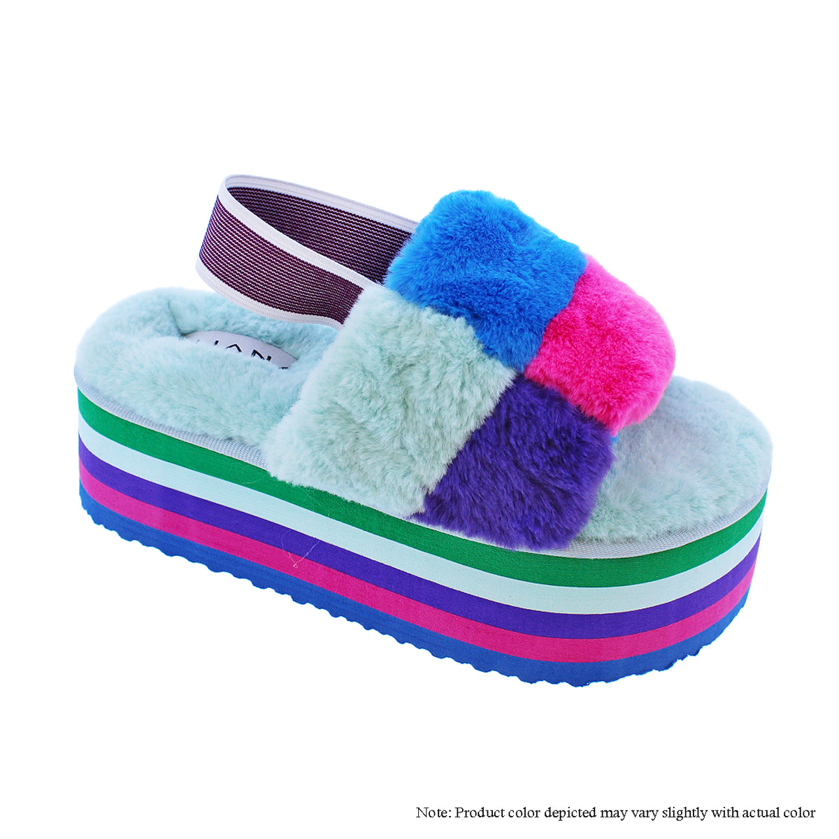 CHRISTY-1 THICK FLATFORM COLOR PATCH FAUX FUR SLIDE SLIPPER