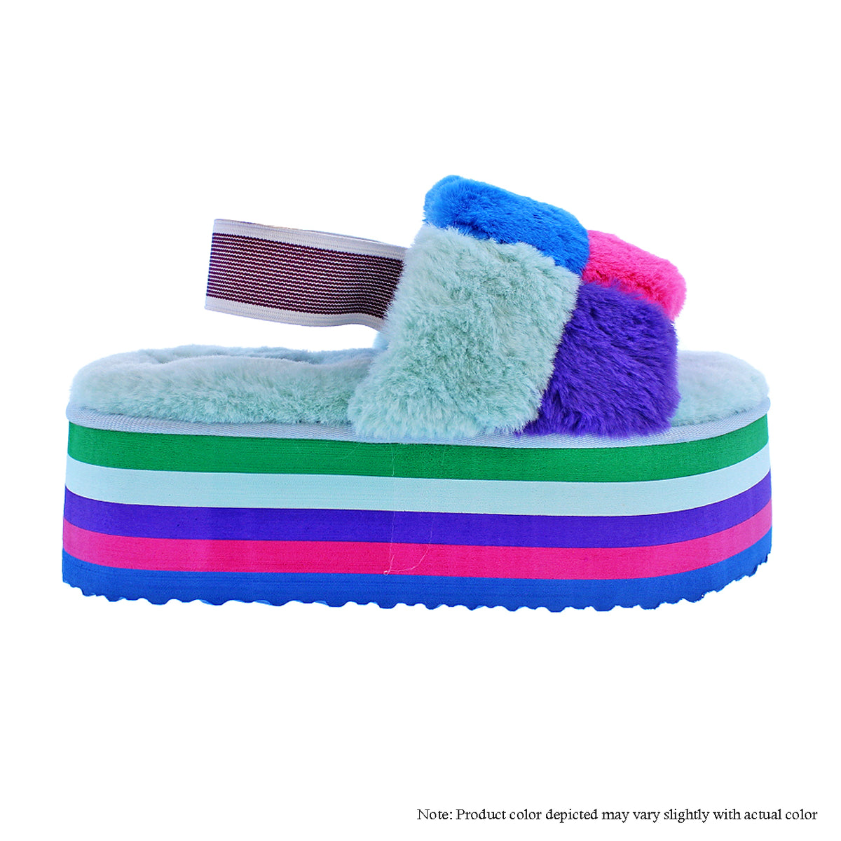 CHRISTY-1 THICK FLATFORM COLOR PATCH FAUX FUR SLIDE SLIPPER