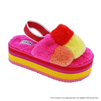 CHRISTY-1 THICK FLATFORM COLOR PATCH FAUX FUR SLIDE SLIPPER