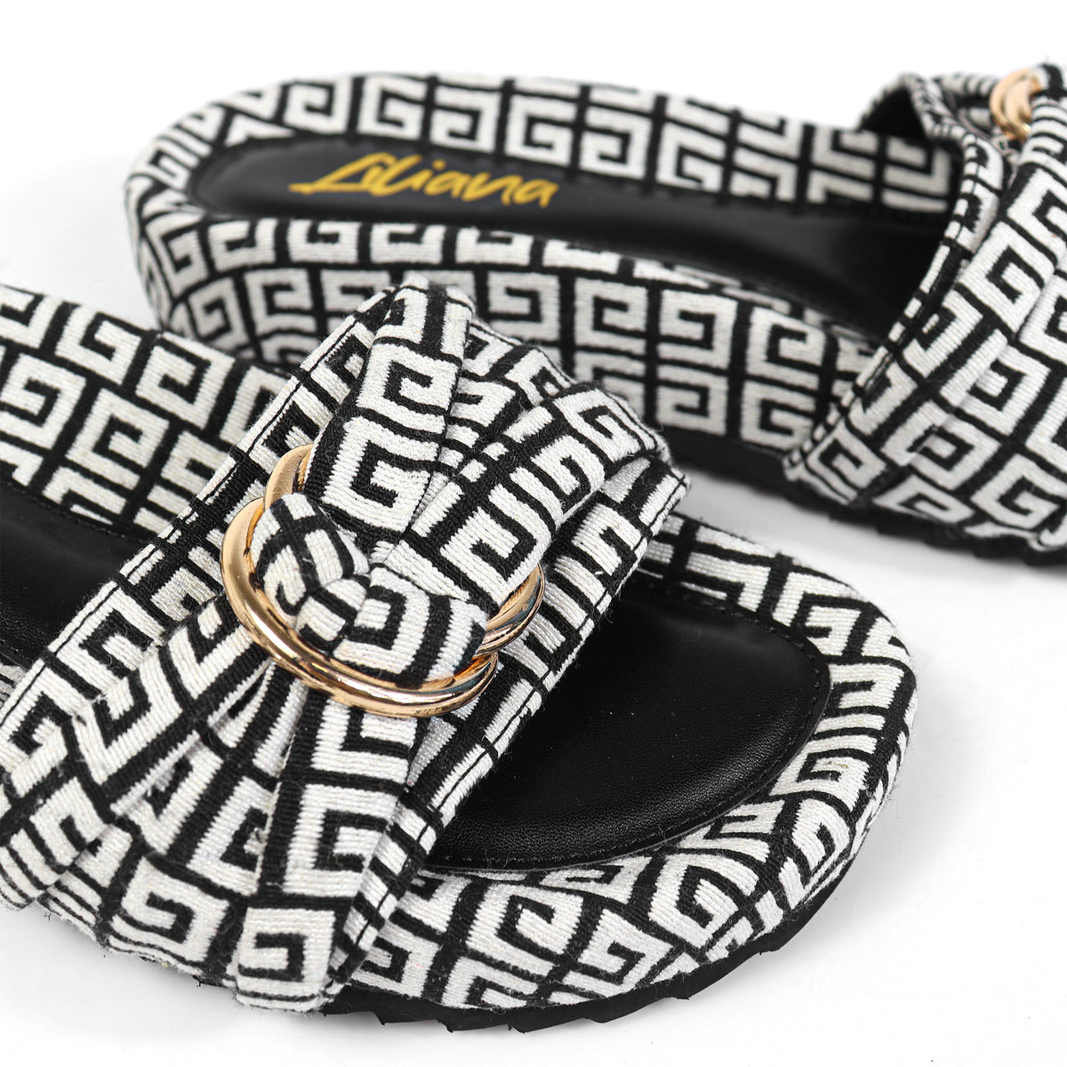 GIGI-2 DOUBLE HOOP TIE JACQUARD PLATFORM SLIDE SANDAL