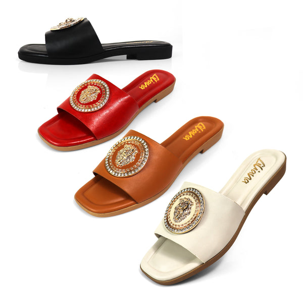 HAILIE-3 OPEN TOE LION PENDANT FLAT SLIDE SANDAL