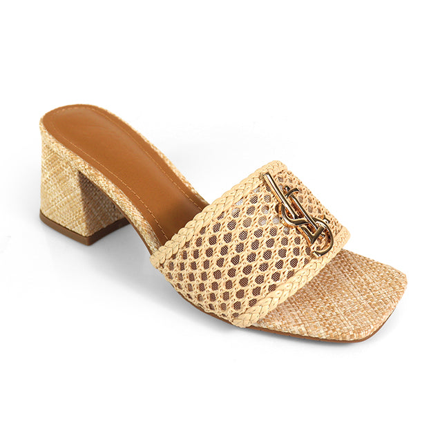 IRENE-3 ALMOND OPEN TOE WOVEN RAFFIA MULE W/CHUNKY HEEL