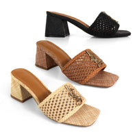 IRENE-3 ALMOND OPEN TOE WOVEN RAFFIA MULE W/CHUNKY HEEL