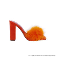 MABLE-6 SQUARE TOE CHUNKY HEEL WITH FEATHER - ORANGE