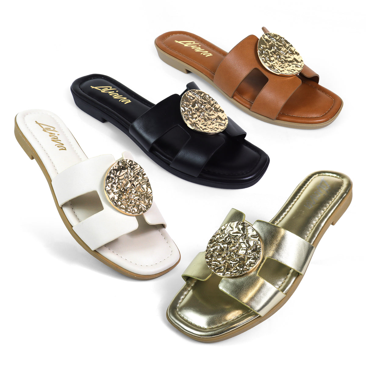 FLAT SANDAL W/ ROUND GOLD PLATE, MALENA-1
