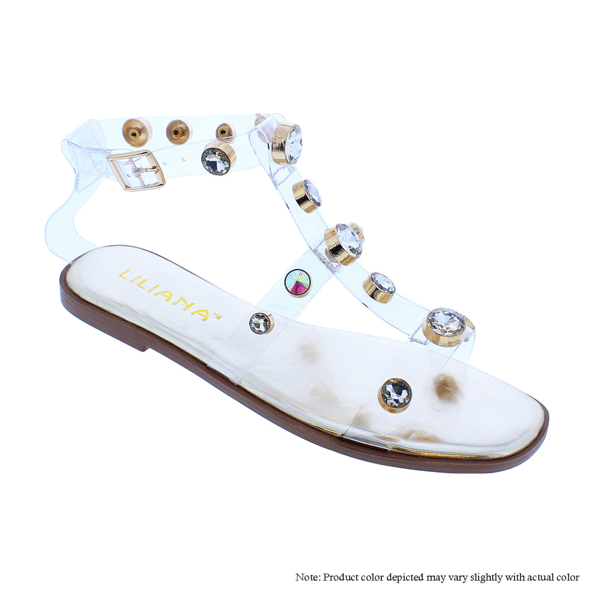 MANDY-2 CLEAR STRAPPY RHINESTONE FLAT SANDAL - GOLD