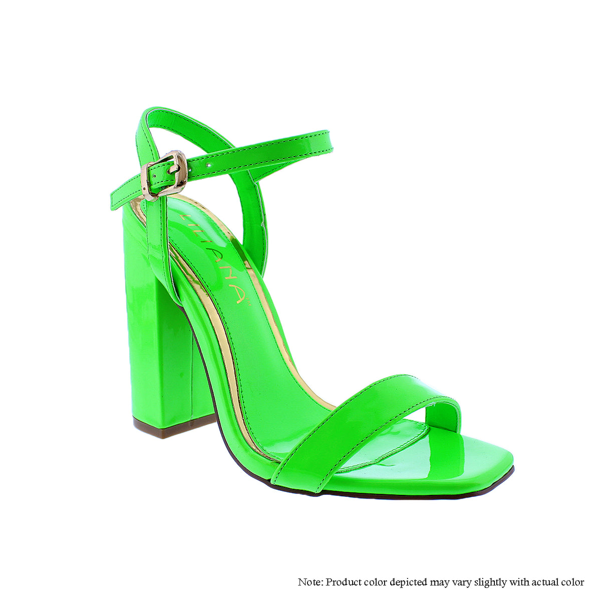 MAREUM-4 PATENT CHUNKY ANKLE STRAP HEEL SANDELS - GREEN