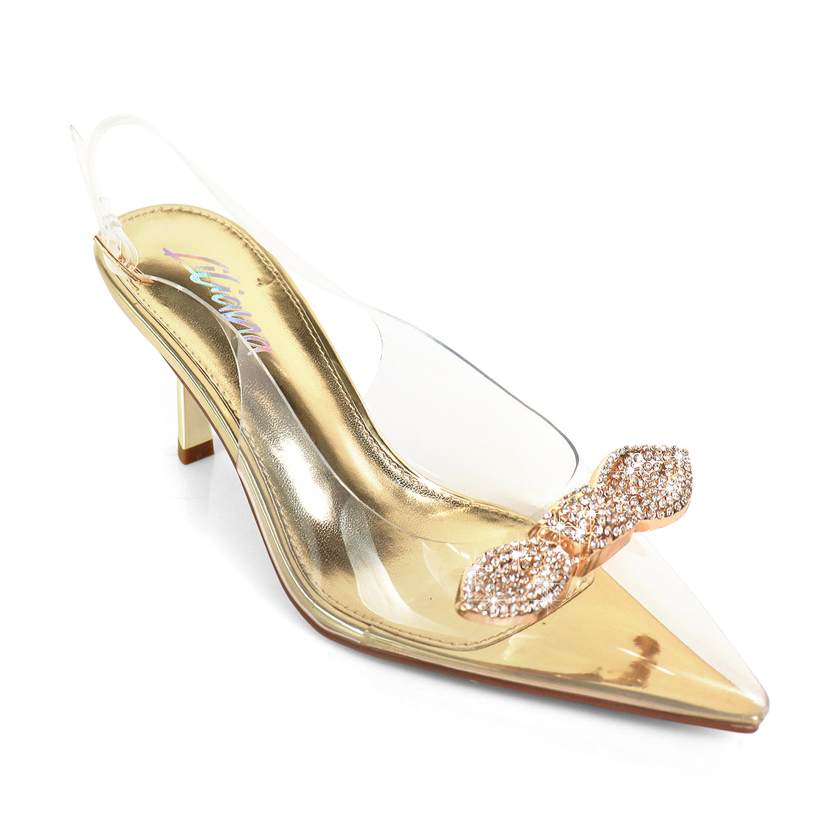 MARIBEL-3 POINTED TOE TRANSPARENT PUMP W/ KNOT RHINESTONE