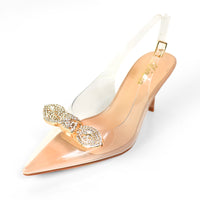 MARIBEL-3 POINTED TOE TRANSPARENT PUMP W/ KNOT RHINESTONE