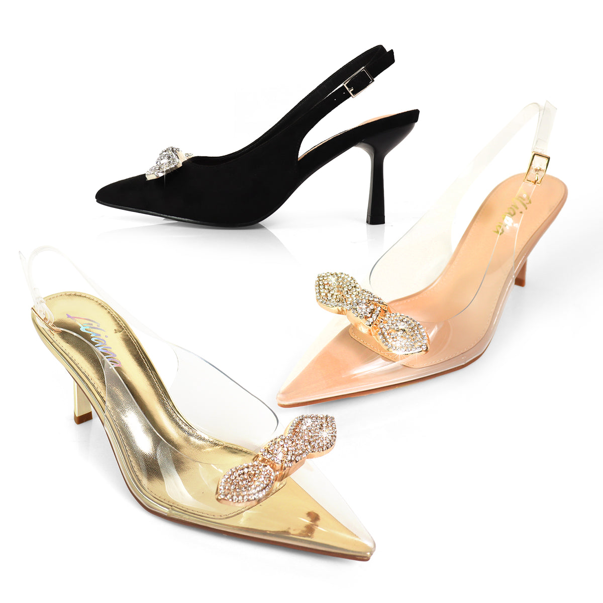 MARIBEL-3 POINTED TOE TRANSPARENT PUMP W/ KNOT RHINESTONE