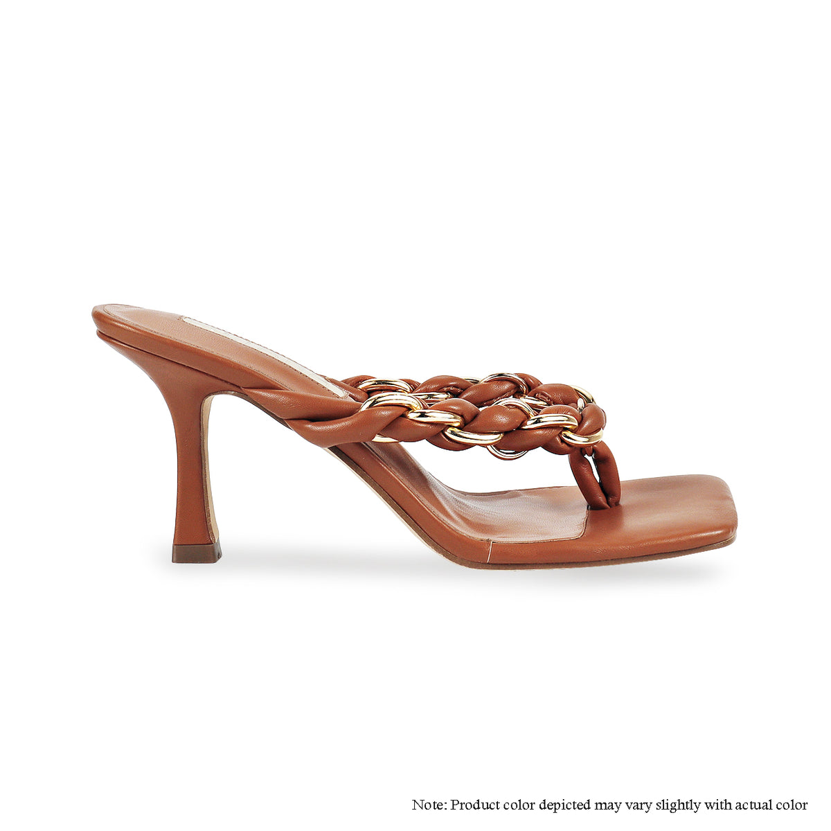 MARSHA-1 CHAIN BRAIDED THONG SANDAL WITH MID HEEL - HONEY