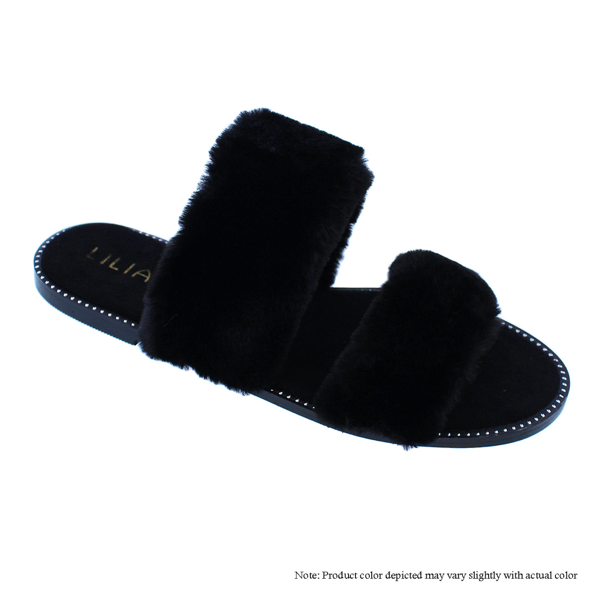 MINXX-1 FAUX FUR STRAP FLAT SANDAL WITH STUDDED EDGE - BLACK