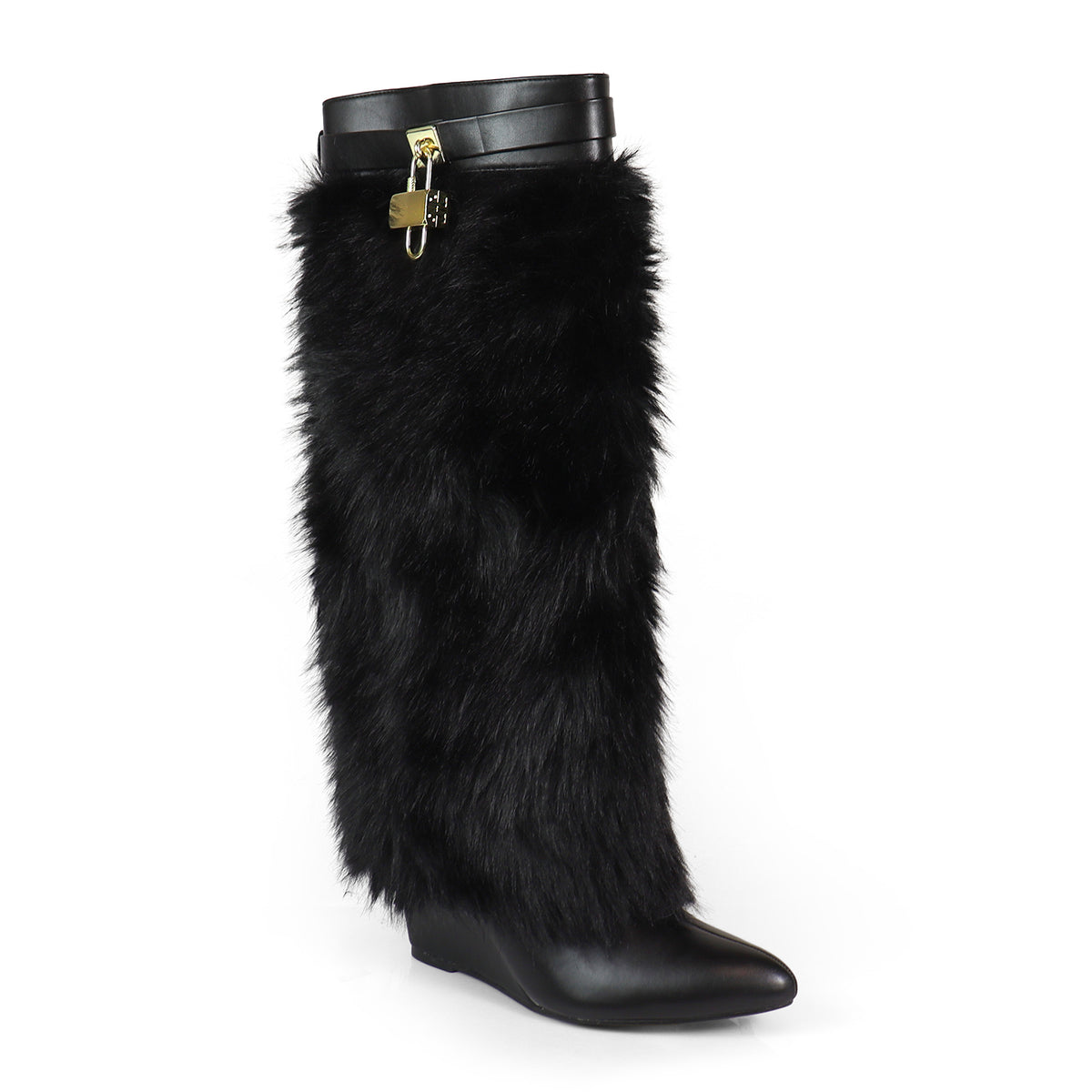 FUR FOLD OVER W/BUCKLE DRAPE WEDGE BOOTS, MUTTO-16