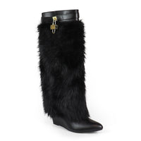 FUR FOLD OVER W/BUCKLE DRAPE WEDGE BOOTS, MUTTO-16