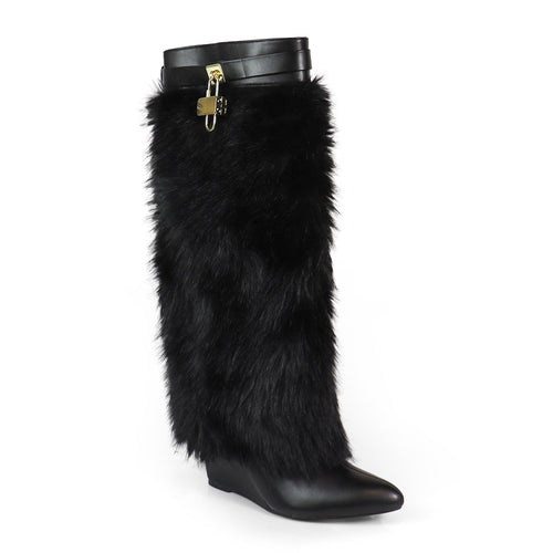 FUR FOLD OVER W/BUCKLE DRAPE WEDGE BOOTS, MUTTO-16