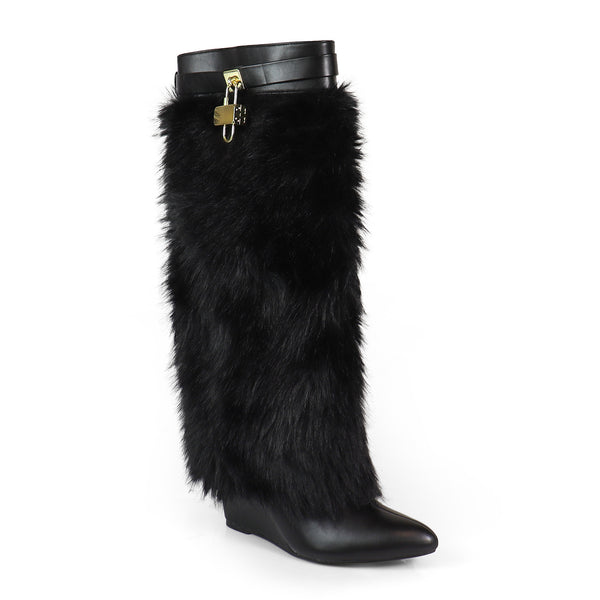 FUR FOLD OVER W/BUCKLE DRAPE WEDGE BOOTS, MUTTO-16