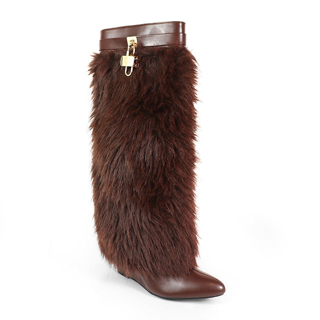 FUR FOLD OVER W/BUCKLE DRAPE WEDGE BOOTS, MUTTO-16