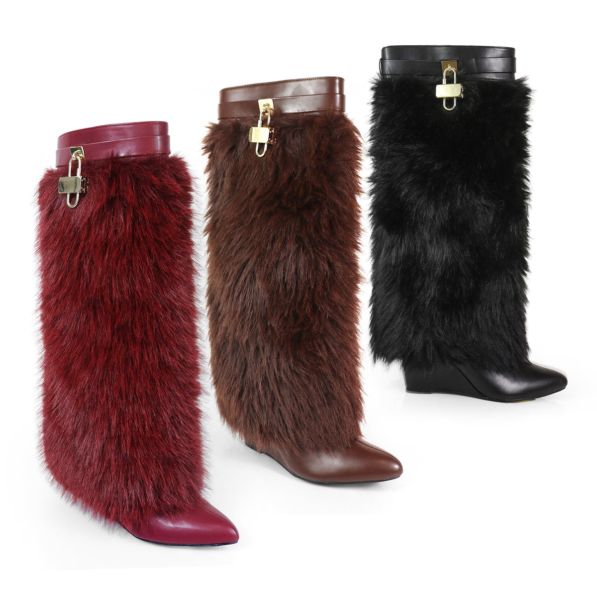 FUR FOLD OVER W/BUCKLE DRAPE WEDGE BOOTS, MUTTO-16