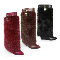 FUR FOLD OVER W/BUCKLE DRAPE WEDGE BOOTS, MUTTO-16