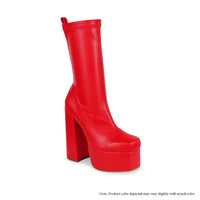 SIMONE-5 POLYURETHANE CHUNKY PLATFORM STRETCH BOOTIES - RED