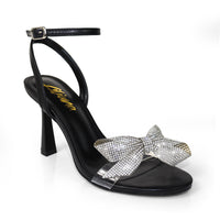 SOLSTICE-1  OPEN TOE RHINESTONE BOW ANKLE STRAP W/ HEEL