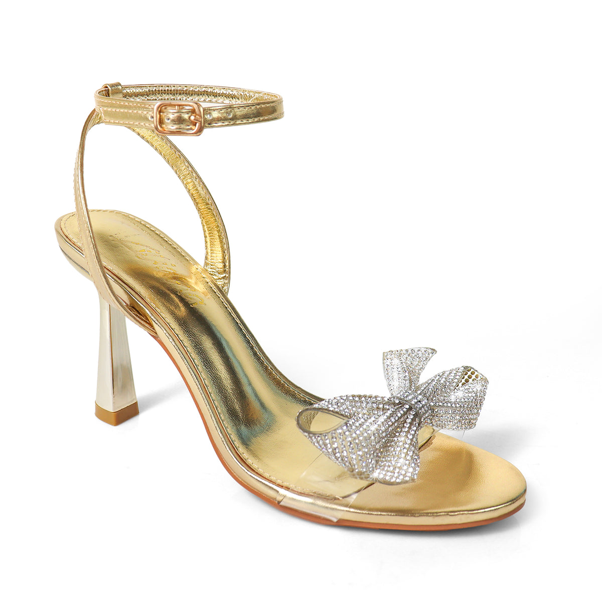 SOLSTICE-1  OPEN TOE RHINESTONE BOW ANKLE STRAP W/ HEEL