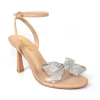 SOLSTICE-1  OPEN TOE RHINESTONE BOW ANKLE STRAP W/ HEEL